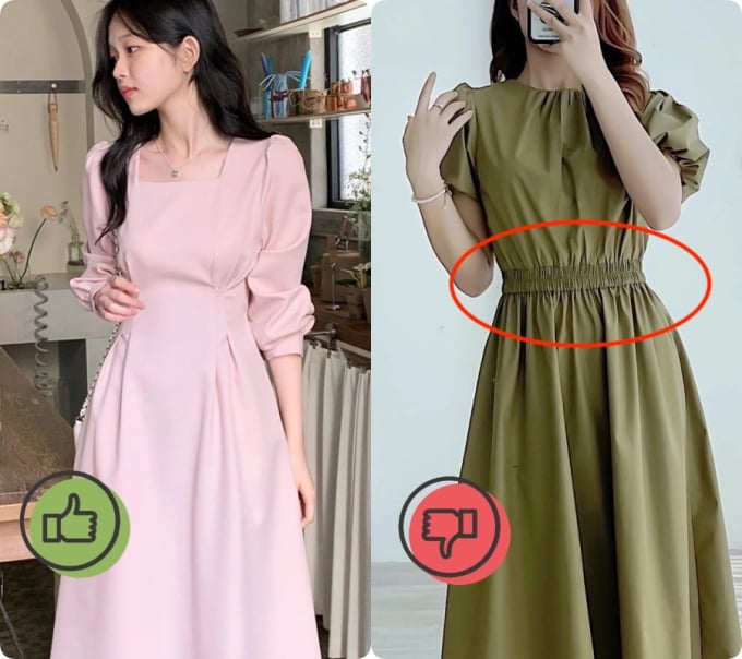 Chi tiết chun thắt eo, dù có thể co giãn nhưng thực tế mặc lên lại càng làm rõ khuyết điểm của bản thân. 