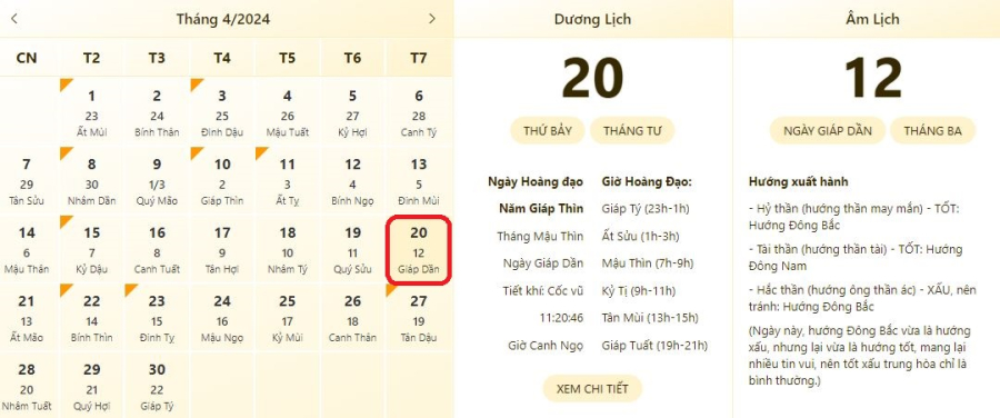 Xem lịch âm ngày 20/4/2024, xem giờ tốt xấu ngày 20/4/2024.