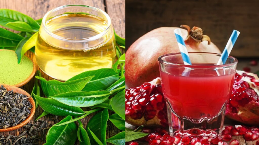 Trà xanh và nước ép lựu có nhiều tác dụng đối với sức khỏe, giúp giảm cholesterol.