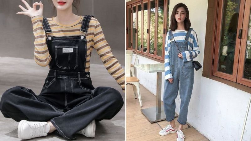 Quần yếm phối cùng với áo họa tiết