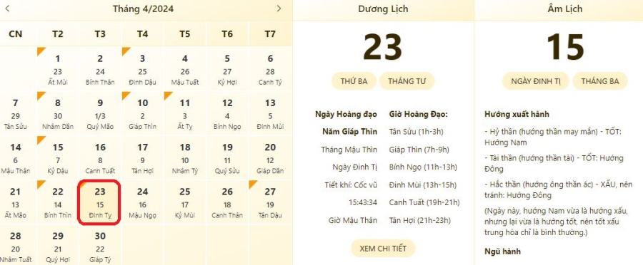 Xem lịch âm ngày 23/4/2024, xem giờ tốt xấu ngày 23/4/2024.