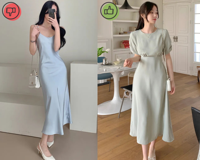  Chị em nên chọn váy lụa ngắn tay, có chi tiết nhấn eo khi hoàn thiện phong cách tới công sở, cũng thanh lịch hơn so với váy hai dây. 