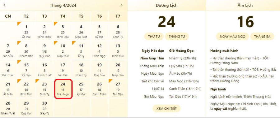 Xem lịch âm ngày 24/4/2024, xem giờ tốt xấu ngày 24/4/2024.