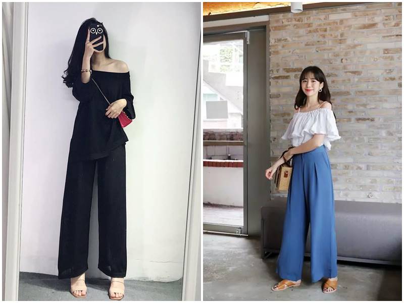 Quần ống rộng phối với áo trễ vai cho cảm giác rất thoải mái  