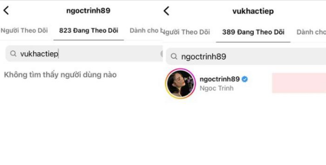 Ngọc Trinh thẳng tay huỷ theo dõi Vũ Khắc Tiệp.  