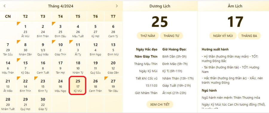 Xem lịch âm ngày 25/4/2024, xem giờ tốt xấu ngày 25/4/2024.