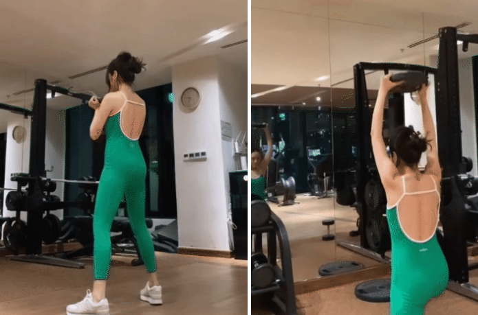 Bên cạnh yoga, Bảo Anh còn tập gym với những động tác đốt mỡ toàn thân, siết cơ bụng, nâng mông....