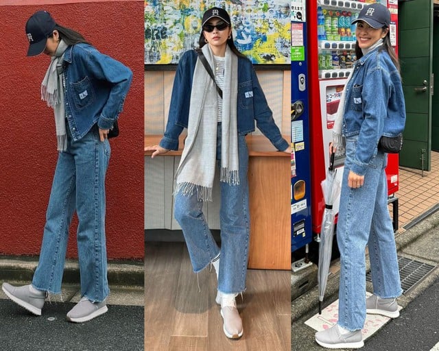 Cô nàng kết hợp quần jeans ống đứng với áo thun kẻ ngang, sơ vin gọn gàng rồi khoác ngoài áo denim. Công thức diện đồ của Tăng Thanh Hà rất trẻ trung và còn ghi điểm sang xịn mịn.    