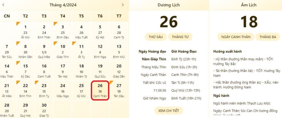 Xem lịch âm ngày 26/4/2024, xem giờ tốt xấu ngày 26/4/2024.