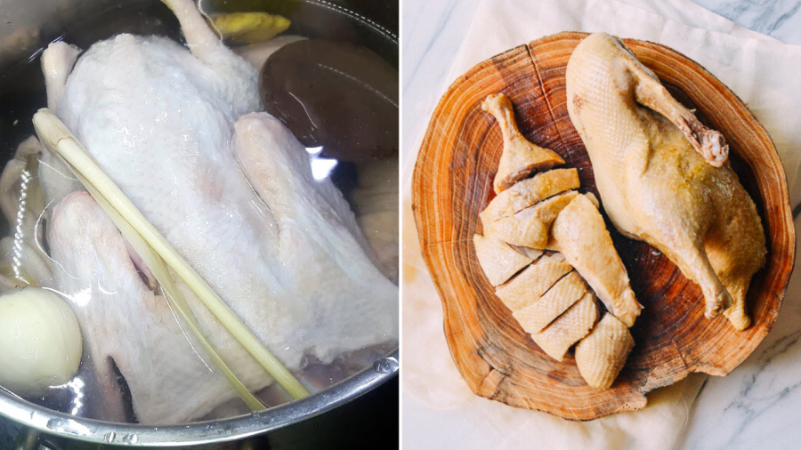 Thịt vịt luộc chín có thể vớt ra ngâm vào bát nước đá lạnh để phần da và thịt săn lại, chặt miếng được đẹp hơn, không bị nát.