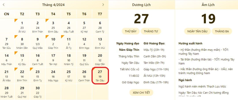 Xem lịch âm ngày 27/4/2024, xem giờ tốt xấu ngày 27/4/2024.
