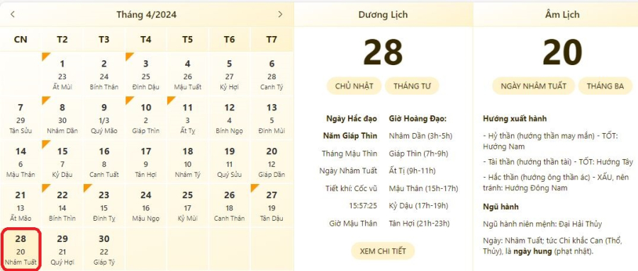 Xem lịch âm ngày 28/4/2024, xem giờ tốt xấu ngày 28/4/2024.