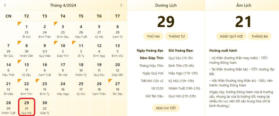 Xem lịch âm ngày 29/4/2024, xem giờ tốt xấu ngày 29/4/2024.