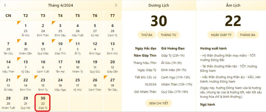 Xem lịch âm ngày 30/4/2024, xem giờ tốt xấu ngày 30/4/2024.