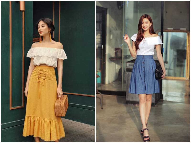 Áo trễ vai với chân váy midi