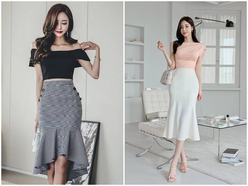 Áo trễ vai mặc cùng chân váy đuôi cá rất nữ tính