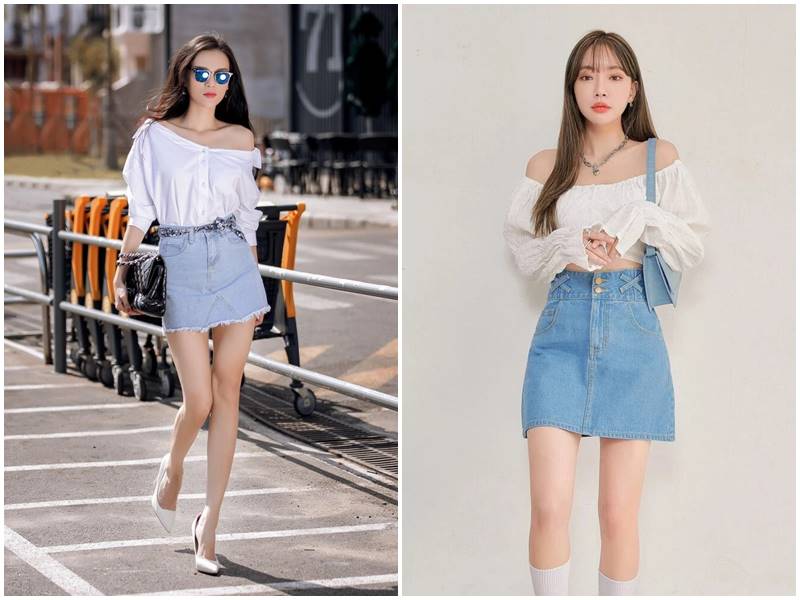 Áo trễ vai mặc với chân váy jean