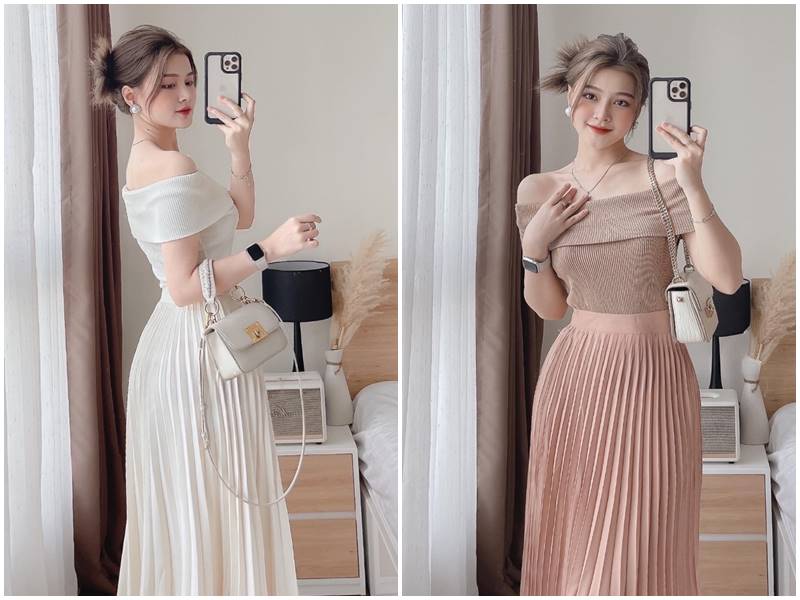 Áo trễ vai mix chân váy xếp ly