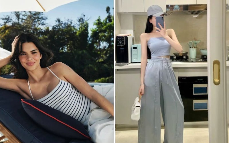 Kendall Jenner phối áo 2 dây với quần thể thao quần ống rộng nhưng vẫn thanh lịch và sang trọng