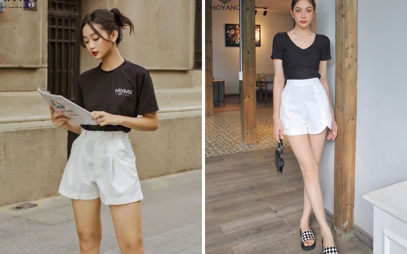 Áo thun màu đen và quần short trắng tôn lên đôi chân thon dài