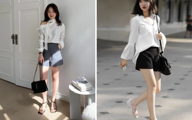 Áo blouse trắng cùng quần short đứng dáng cao ráo, thanh mảnh