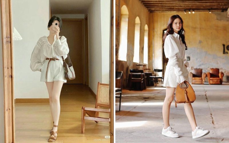 Áo trắng kết hợp với quần short xuyệt tông nữ tính và trang nhã