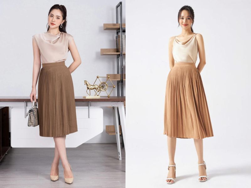 Các quý cô sành điệu thường kết hợp chân váy màu be với các mẫu áo màu trung tính. Cách phối đồ này mang đến nét nhã nhặn. 
