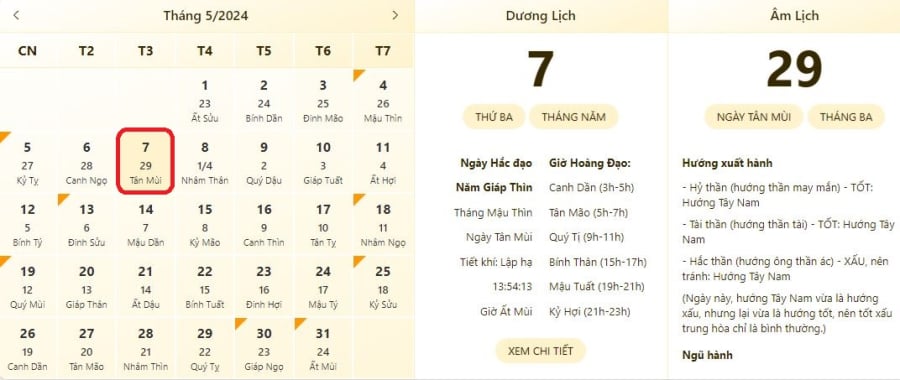 Xem lịch âm ngày 7/5/2024, xem giờ tốt xấu ngày 7/5/2024.