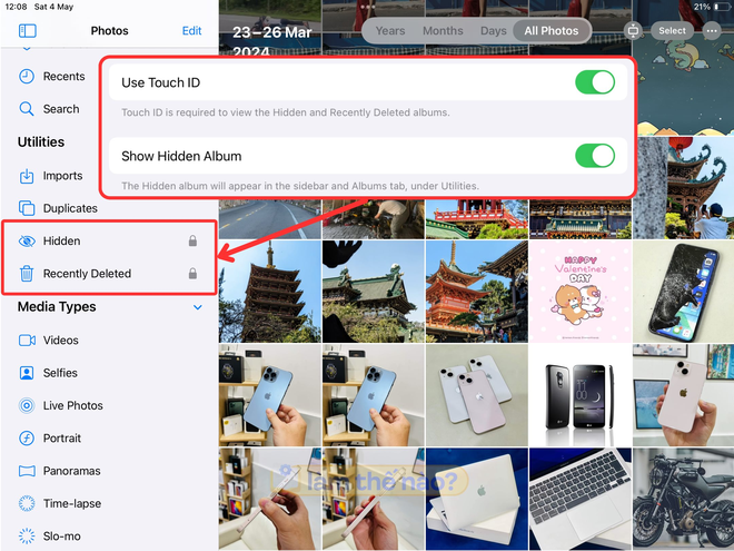 Nếu kích hoạt sử dụng Touch/Face ID thì bên cạnh thư mục ẩn và đã xoá gần đây (Recently Delete) sẽ hiển thị biểu tượng ổ khoá.  