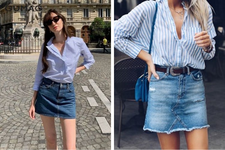 Để phóng khoáng, các nàng đừng quên lựa chọn bộ đôi chân váy jeans với áo sơ mi sọc.