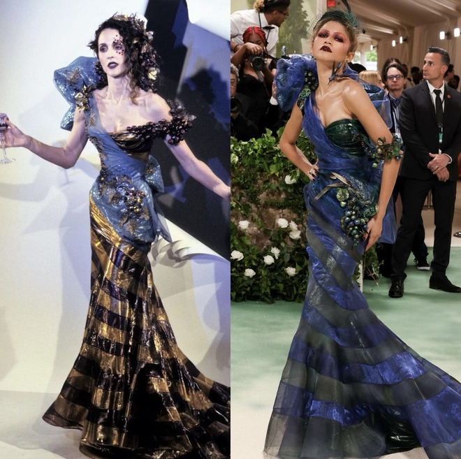 Zendaya là một trong những celeb đầu tiên đặt chân đến sự kiện và cũng là vedette cho thảm đỏ Met Gala. Cô diện một chiếc đầm được làm riêng từ thương hiệu Maison Margiela và chọn một makeup look mang hơi hướng avant-grade kết hợp cùng chút nét drama đen tối của phong cách gothic. Tất cả tạo nên một tổng thể ấn tượng và vô cùng đáng nhớ.    