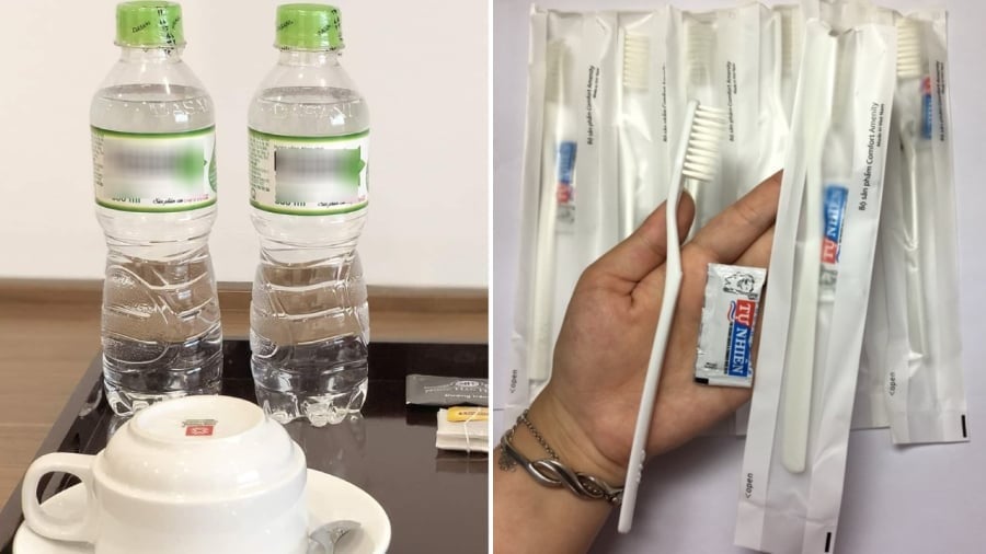 Các vật dụng vệ sinh cá nhân dùng một lần thường được cung cấp sẵn trong phòng khách sạn, bao gồm bàn chải đánh răng, kem đánh răng, mũ tắm, lược