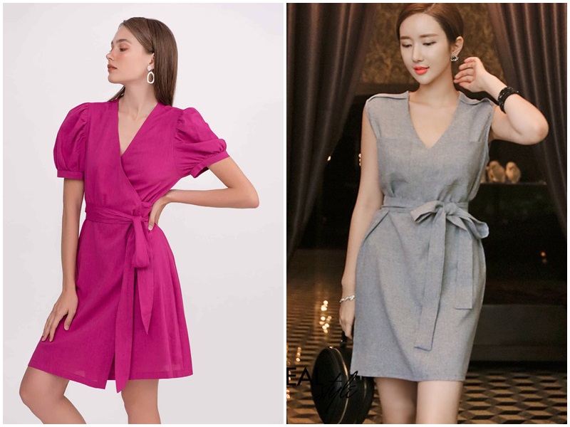 Điểm nhấn tạo nên vẻ đẹp của chiếc đầm là chiếc vạt chéo thắt lơ chiét eo