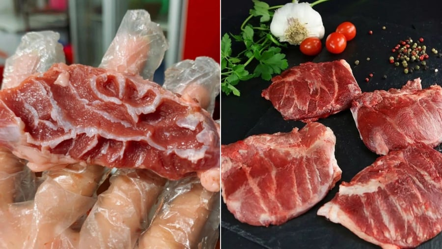 Thịt má đào có cả nạc và gân, ăn mềm mà không bị ngấy, là một trong những phần thịt ngon của con lợn.
