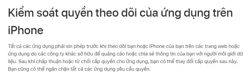 Thông tin về tính năng cấp quyền theo dõi do Apple đưa ra trên trang hỗ trợ của mình.