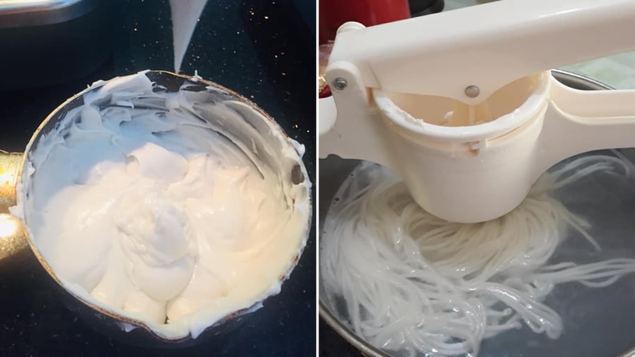 Bột gạo trộn với bột năng, giấm/chanh, muối và nước ấm để tạo thành hỗn hợp bột sệt. Sau đó, cho bôt này vào khuôn để bắt thành sợi bún.