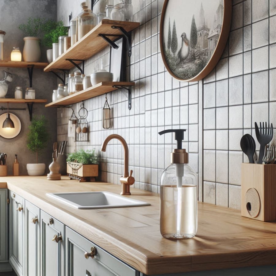 Nước rửa chén, một chất tẩy rửa quen thuộc, là lựa chọn hàng đầu của bạn để làm sạch vết dầu mỡ trên tường bếp