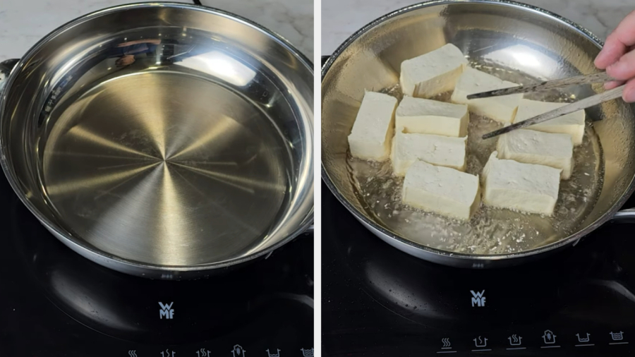 Chiên đậu phụ bằng chảo inox không khó. Chỉ cần biết cách, miếng đậu sẽ vàng giòn mà không hề bị dính chảo.