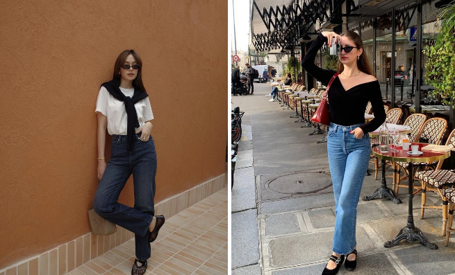 Áo thun cơ bản, giày thấp mềm mại thoải mái khi phối cùng quần dài denim tăng gấp đôi cảm giác thư thái...