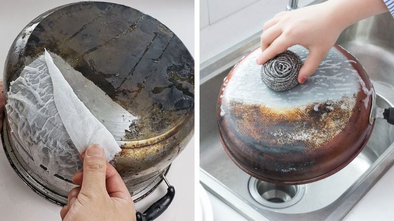 Xoong nồi được cọ sạch với giấm