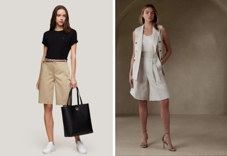 Quần shorts Bermuda là độ dài ngang gối cùng ống quần hơi loe