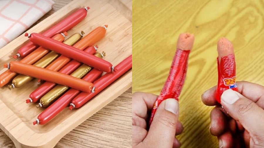 Nếu không có bất cứ dụng cụ gì hỗ trợ, bạn vẫn có thể bóc vỏ xúc xích ăn liền bằng tay không.