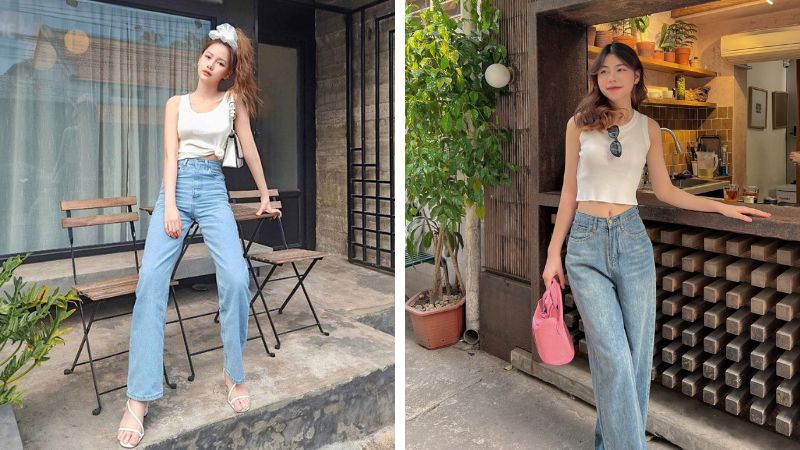 Quần jeans và áo sát nách kiểu này khiến các cô nàng trẻ trung, năng động.