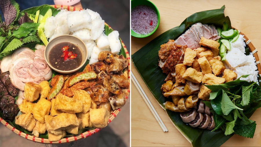 Bún đậu mắm tôm ngày nay ngoài bún, đậu rán và mắm tôm còn có nhiều nguyên liệu khác như nem rán, chả cốm, chân giò luộc, dồi rán.