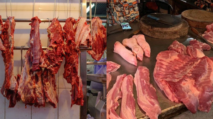 Thịt bò thì lại hay được treo lên cao để khoe chất lượng trong khi thịt lợn đặt trên bàn để phục vụ nhanh hơn
