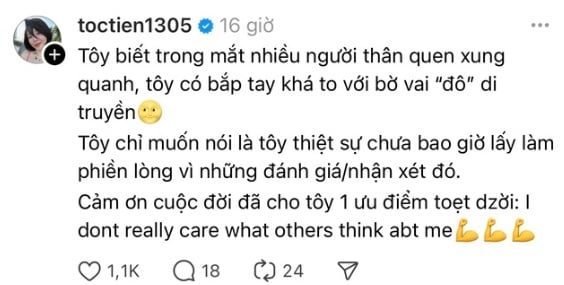 Cô tiết lộ một số người thân quen nhận xét cô bắp tay khá to, bờ vai đô