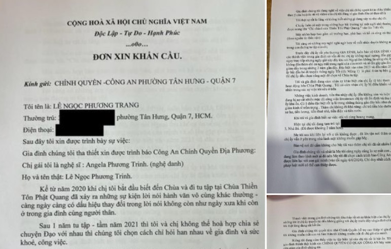 Em gái Angela Phương Trinh gửi đơn cầu cứu cơ quan chức năng.  