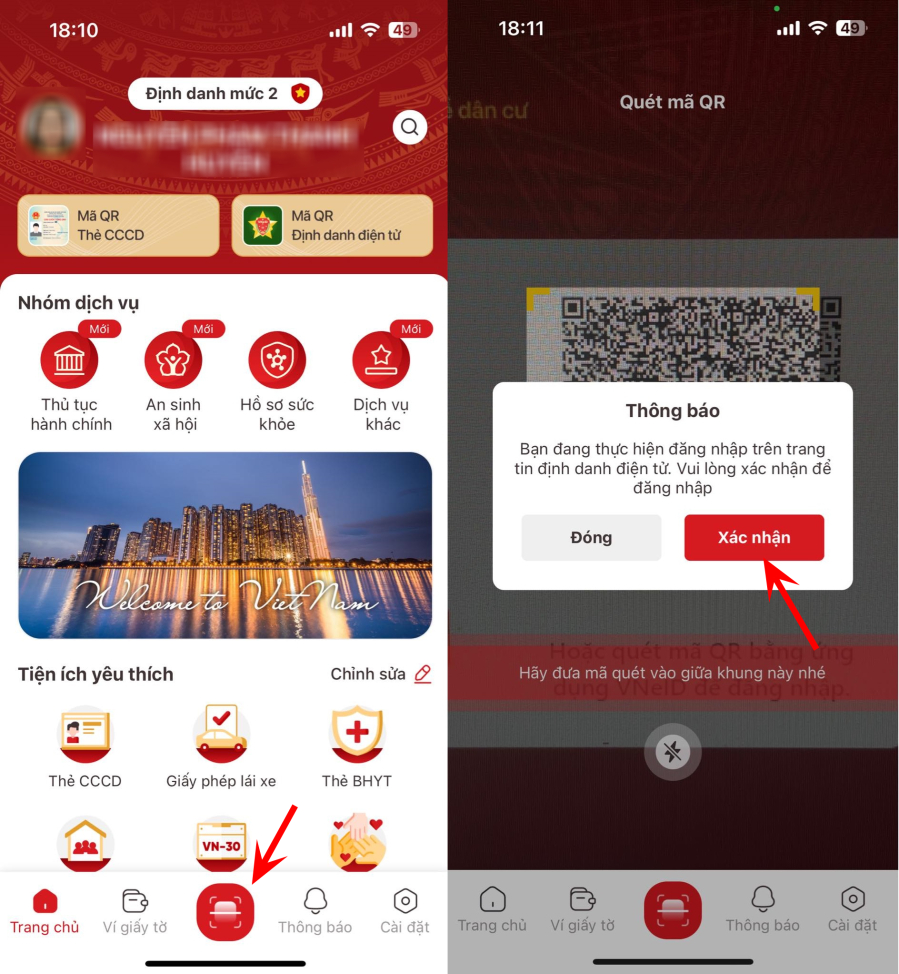 Đăng nhập vào Cổng dịch vụ công bằng cách quét mã QR bằng ứng dụng VNeID.