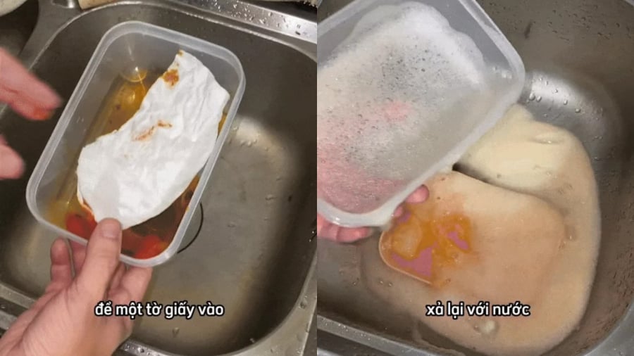 Việc sử dụng giấy ăn để thấm dầu mỡ trong hộp nhựa và lắc cùng nước rửa bát quả thực có thể giúp giảm bớt dầu mỡ