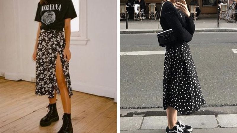Áo màu đen phối với váy họa tiết làm cho Shbet999 com đăng nhập hài hòa và không bị lấn áp